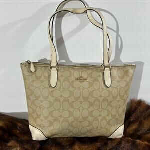Coach Signature Coated Tote Beige White Leather Trim Zip Top Shoulder Bag Y2K